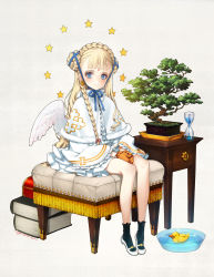 Rule 34 | 1girl, black socks, blonde hair, blue eyes, blue ribbon, blunt bangs, blush, bonsai, book, book stack, bowl, braid, capelet, child, cushion, dated, double bun, drawer, dress, earrings, facial mark, feathered wings, forehead mark, french braid, frilled dress, frills, full body, fur-trimmed capelet, fur trim, gloves, hair bun, hair ribbon, highres, hourglass, jewelry, long hair, looking at viewer, mary janes, neck ribbon, ooyari ashito, orange gloves, original, own hands together, pinup (style), plant, potted plant, ribbon, rubber duck, shoes, signature, sitting, smile, socks, solo, star (symbol), tree, white dress, white footwear, wings