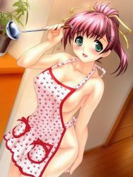 Rule 34 | 1girl, apron, artist request, character request, female focus, hair ornament, hairclip, ladle, naked apron, pink hair, plant, source request, switch, tagme