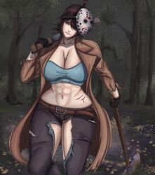Rule 34 | abs, axe, breasts, brown hair, clothing cutout, crop top, friday the 13th, genderswap, genderswap (mtf), hair over one eye, hockey mask, jason voorhees, kaokacique, large breasts, machete, mask, midriff, pants, thigh cutout, torn clothes, torn pants, weapon