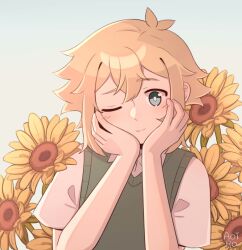 Rule 34 | 1boy, absurdres, aoiro arts, basil (faraway) (omori), basil (omori), blonde hair, blue eyes, blush, closed mouth, flower, green sweater vest, hands on own face, highres, looking at viewer, omori, one eye closed, shirt, short hair, short sleeves, smile, solo, sunflower, sweater vest, upper body, white shirt