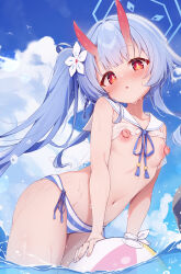 1girl :o absurdres ball bare_arms beachball bikini bird blue_archive blue_hair blue_halo blush breasts bright_pupils camisole chise_(blue_archive) chise_(swimsuit)_(blue_archive) clothes_lift cloud day e-note flower gradient_horns hair_flower hair_ornament halo head_tilt highres horns leaning_forward long_hair looking_at_viewer multicolored_horns navel nipples ocean outdoors red_eyes red_horns ribbon sailor_bikini sailor_collar seagull see-through see-through_camisole shirt_lift side-tie_bikini_bottom side_ponytail signature skin-covered_horns sky small_breasts solo standing striped_bikini striped_clothes summer swimsuit two-tone_bikini wading wet white_flower white_sailor_collar wrist_ribbon