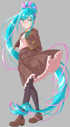 Rule 34 | 1girl, black pantyhose, blue hair, blush, brown jacket, brown sailor collar, brown skirt, cure spicy, delicious party precure, fuwa kokone, green eyes, grey background, hair ornament, hairclip, highres, jacket, jj (ssspulse), long hair, looking at viewer, magical girl, medium skirt, pantyhose, precure, sailor collar, school uniform, shinsen middle school uniform, side ponytail, skirt, smile, solo, very long hair