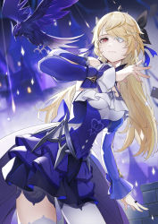 Rule 34 | 1girl, arm at side, bare shoulders, bird, black ribbon, blonde hair, blue ribbon, castle, closed mouth, cowboy shot, detached sleeves, dress, dutch angle, eyepatch, fischl (ein immernachtstraum) (genshin impact), fischl (genshin impact), frilled dress, frills, genshin impact, hair over one eye, hair ribbon, hand up, highres, jewelry, juliet sleeves, leaning to the side, long hair, long sleeves, marumoru, official alternate costume, oz (genshin impact), pantyhose, puffy sleeves, purple dress, purple sleeves, red eyes, ribbon, ring, single leg pantyhose, single thighhigh, solo, standing, swept bangs, thighhighs, tiara, wall, white pantyhose, white thighhighs