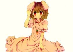Rule 34 | 1girl, animal ears, bad id, bad pixiv id, brown hair, carrot, dress, female focus, inaba tewi, jewelry, namakuby, necklace, pendant, rabbit ears, red eyes, short hair, simple background, solo, touhou