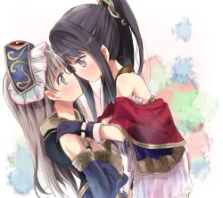 Rule 34 | 2girls, atelier (series), atelier meruru, atelier totori, black hair, blue eyes, blush, eye contact, face-to-face, female focus, gloves, grey hair, hands on shoulders, hat, imminent kiss, leaning forward, long hair, looking at another, maromi (am97), mimi houllier von schwarzlang, multiple girls, purple eyes, totooria helmold, yuri