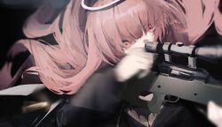 Rule 34 | 1girl, ankoro mochi, arknights, black dress, dress, gun, halo, highres, holding, holding gun, holding weapon, lemuen (arknights), long hair, long sleeves, motion blur, pink eyes, pink hair, reloading, rifle, scope, shell casing, sniper rifle, solo, upper body, weapon