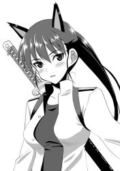 Rule 34 | 1girl, animal ears, bad id, bad pixiv id, blush, greyscale, katana, kitagou fumika, kyogoku shin, looking at viewer, military, military uniform, monochrome, one-piece swimsuit, open mouth, ponytail, scabbard, sheath, smile, solo, strike witches, strike witches zero, swimsuit, swimsuit under clothes, sword, uniform, upper body, weapon, world witches series