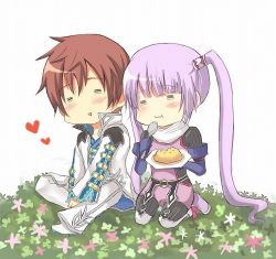 Rule 34 | 1boy, 1girl, asbel lhant, brown hair, flower, food, full body, heart, long hair, lowres, nature, plant, purple hair, shigusa, smile, sophie (tales), tales of (series), tales of graces, twintails