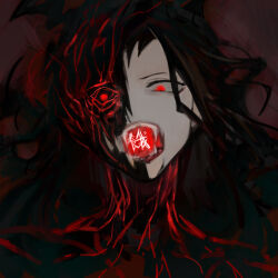 Rule 34 | 1girl, black hair, blood, blood vessels, elena (project moon), fangs, library of ruina, long hair, long sleeves, nishikujic, open mouth, portrait, project moon, red eyes, solo, tongue, vampire