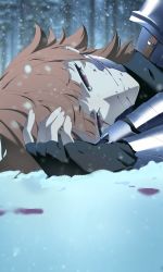 Rule 34 | 1girl, armor, black gloves, blood, dying, fingerless gloves, forest, gloves, half-closed eyes, highres, hololive, hololive english, kuroi enpitsu, lying, nature, on side, open hand, orange hair, red eyes, snow, snowing, solo, takanashi kiara, upper body, virtual youtuber
