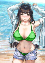 Rule 34 | 1girl, armpits, arms up, beach, bikini, black hair, blush, breasts, brown eyes, cleavage, collarbone, commentary request, cowboy shot, green bikini, highres, jacket, large breasts, long hair, long sleeves, looking at viewer, mole, mole on arm, navel, open clothes, open jacket, open mouth, original, outdoors, ran&#039;ou (tamago no kimi), short shorts, shorts, single bare shoulder, smile, stomach, swimsuit, water, white jacket