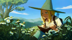 Rule 34 | 1girl, backpack, bag, bee, blonde hair, book, bug, cloud, commentary request, day, feathers, flower, grass, green eyes, green headwear, hat, hat ornament, highres, holding, holding book, holding pencil, insect, meadow, mountain, omegu, original, outdoors, pants, pencil, scenery, shirt, sitting, sky, tree, white flower, white shirt, witch hat