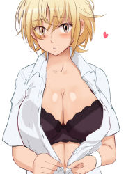 Rule 34 | 1girl, :&lt;, baby steps, bad id, bad pixiv id, black bra, blonde hair, blush, bra, breasts, brown eyes, cleavage, dress shirt, heart, large breasts, looking at viewer, shirt, short hair, simple background, solo, special g (spg), takasaki natsu, underwear, white background, wristband