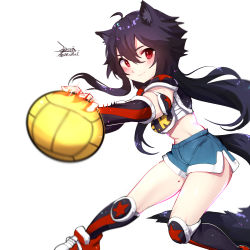 Rule 34 | 1girl, ahoge, animal ears, black hair, black socks, blue shorts, blush, commentary request, dated, ejami, ekko (ejami), fox ears, fox girl, fox tail, kneehighs, long hair, looking at viewer, original, red eyes, short shorts, shorts, signature, simple background, smile, socks, solo, standing, tagme, tail, white background