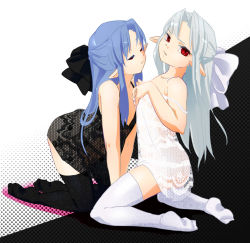 Rule 34 | 2girls, bare shoulders, blue hair, bow, chemise, feet, hair bow, half updo, len (tsukihime), lingerie, long hair, melty blood, multiple girls, pointy ears, red eyes, ribbon, see-through, silver hair, strap slip, thighhighs, tsukihime, type-moon, underwear, wanyuwa, white len (tsukihime)