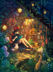Rule 34 | 1girl, animal, black cat, black dress, black hair, blue flower, book, book stack, bookshelf, bow, broom, cat, commentary, dress, english commentary, flower, hair bow, hairband, highres, holding, holding book, indoors, jiji (majo no takkyuubin), kiki (majo no takkyuubin), knees up, lantern, majo no takkyuubin, open book, red bow, red flower, red footwear, red hairband, red rose, rose, shoes, short sleeves, sitting, stairs, watermark, web address, yuumei