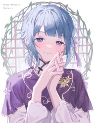 Rule 34 | 1boy, androgynous, asymmetrical bangs, blue hair, blush, capelet, character name, closed mouth, ensemble stars!, happy birthday, highres, light blue hair, looking at viewer, male focus, moka (210727), own hands together, purple capelet, purple eyes, shino hajime, shirt, smile, solo, white shirt