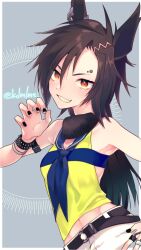 Rule 34 | 1girl, air shakur (umamusume), animal ear piercing, animal ears, belt, black belt, black nails, blue neckerchief, bracelet, brown eyes, claw pose, hair between eyes, horse ears, jewelry, long hair, looking at viewer, midriff, neckerchief, pants, ring, sharp teeth, shirt, solo, studded bracelet, teeth, twitter username, umamusume, ume (pickled plum), white pants, yellow shirt