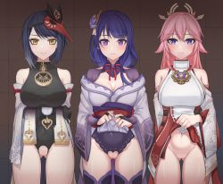 Rule 34 | 3girls, absurdres, bad id, bad pixiv id, bare shoulders, black hair, blush, breasts, bridal gauntlets, cleavage, closed mouth, clothes lift, commentary request, detached sleeves, female focus, flower, genshin impact, gluteal fold, hair between eyes, hair ornament, highres, hyunjjing, japanese clothes, kimono, kujou sara, large breasts, lifting own clothes, long hair, long sleeves, looking at viewer, mask, mask on head, miko, mitsudomoe (shape), mole, mole under eye, multiple girls, navel, obi, obiage, obijime, pink hair, purple eyes, purple flower, purple hair, pussy, raiden shogun, ribbon, sash, shiny skin, short hair, simple background, smile, standing, take your pick, tassel, tengu mask, thighhighs, tomoe (symbol), wide sleeves, yae miko, yellow eyes
