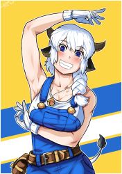 Rule 34 | 1girl, animal ears, arm up, armpits, bell, belt, blue background, blue eyes, blue overalls, blush, border, braid, braided ponytail, breasts, brown belt, brown horns, cleavage, commentary, cow ears, cow girl, cow horns, cow tail, cowboy shot, english commentary, gloves, grin, hair over shoulder, highres, horns, jingle bell, large breasts, long hair, looking at viewer, medium bangs, multicolored background, nandi (puchirisu), neck bell, ok sign, original, outline, overalls, pouch, puchirisu, smile, solo, tail, tank top, white border, white gloves, white hair, white outline, white tank top, yellow background