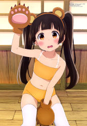 Rule 34 | 1girl, absurdres, amayadori machi, animal costume, animal ears, arm up, bear costume, bear ears, bear paws, black hair, blush, brown eyes, brown hair, cosplay, embarrassed, fake animal ears, flat chest, hairband, highres, ishikawa taketomo, kumamiko, long hair, looking at viewer, magazine scan, megami magazine, midriff, navel, official art, on floor, open mouth, scan, shorts, sitting, solo, thighhighs, twintails, wavy mouth, white thighhighs, wooden floor