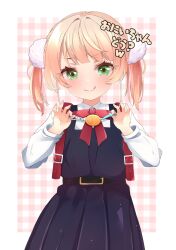 Rule 34 | 1girl, aged down, backpack, bag, blonde hair, blue dress, blush, bow, bowtie, commentary request, crime prevention buzzer, dress, dress shirt, green eyes, highres, indie virtual youtuber, looking at viewer, official alternate costume, pan (pixiv41343614), pinafore dress, pleated dress, randoseru, red bag, red bow, red bowtie, shigure ui (vtuber), shigure ui (vtuber) (young), shirt, short hair, sleeveless, sleeveless dress, smile, tongue, tongue out, two side up, virtual youtuber, white shirt