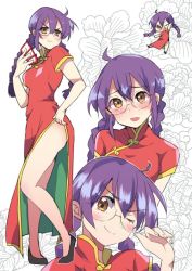 Rule 34 | 1girl, :3, braid, brown eyes, card, chibi, china dress, chinese clothes, commentary request, dress, expressions, freckles, full body, fuurin kingyou, glasses, long hair, looking at viewer, multiple views, one eye closed, purple hair, red dress, ri kouran, sakura taisen, side slit, standing, twin braids, upper body