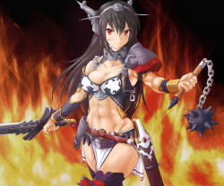 Rule 34 | 10s, 1girl, abs, alternate costume, armor, bikini armor, black hair, black legwear, blood, blood on face, breasts, cleavage, collarbone, commentary request, conan the barbarian, fire, flail, headgear, holding, holding sword, holding weapon, jack (slaintheva), kantai collection, long hair, looking at viewer, medium breasts, morning star, muscular, muscular female, nagato (kancolle), navel, red eyes, solo, sword, weapon