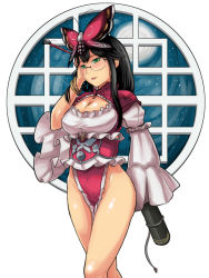 Rule 34 | 1girl, black hair, blush, bracelet, breasts, butterfly hair ornament, cleavage, cleavage cutout, clothing cutout, glasses, green eyes, hair ornament, highleg, jewelry, koufujin, large breasts, long hair, round window, sangokushi taisen, shoohee, sidelocks, solo, white background, window