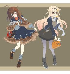 Rule 34 | 2girls, ahoge, alternate costume, anchor symbol, bad id, bad twitter id, bag, black ribbon, black skirt, blonde hair, blue eyes, blue jacket, boots, braid, brown footwear, brown hair, commentary request, dress, full body, ginkgo leaf, glasses, gradient hair, grey footwear, grey legwear, grey scarf, grey shirt, hair between eyes, hair flaps, hair ornament, hair over shoulder, hair ribbon, hairclip, highres, holding, holding legs, jacket, kantai collection, leaf, long hair, long sleeves, looking at viewer, loose socks, maple leaf, multicolored hair, multiple girls, muted color, one eye closed, pantyhose, red-framed eyewear, red eyes, ribbon, scarf, shigure (kancolle), shiosoda, ship&#039;s wheel, shirt, shoes, simple background, single braid, skirt, skirt hold, socks, straight hair, very long hair, yuudachi (kancolle)