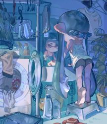 Rule 34 | 1girl, absurdres, aspara, barefoot, basket, bathroom, black hair, black shorts, blunt bangs, bottle, camisole, cellphone, child, cup, dolphin shorts, earclip, feet, footstool, from behind, gym shorts, hair dryer, heel up, highres, indoors, inkling, inkling girl, inkling player character, leaning forward, long hair, looking at mirror, mirror, nintendo, octotrooper, phone, plant, pointy ears, purple eyes, red footwear, sandals, shirt, short shorts, shorts, sink, smartphone, soles, solo, splatoon (series), splatoon 1, spray bottle, strap slip, t-shirt, tentacle hair, toothbrush, very long hair, washing, white shirt, zapfish