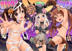 Rule 34 | 10s, 3girls, :d, ;d, alternate costume, animal ears, armpits, bandages, bandages, bikini, black bikini, blonde hair, blue eyes, breasts, brown bikini, brown eyes, brown hair, candy, collarbone, flower, food, groin, hair ornament, halloween, hat, i-401 (kancolle), kantai collection, kemonomimi mode, libeccio (kancolle), lollipop, long hair, looking at viewer, multiple girls, mummy, naked bandage, navel, neko danshaku, one-piece tan, one eye closed, open mouth, paw pose, ro-500 (kancolle), silver hair, small breasts, smile, staff, swimsuit, tail, tan, tanline, trick or treat, twintails, werewolf, witch hat, wolf ears, wolf tail