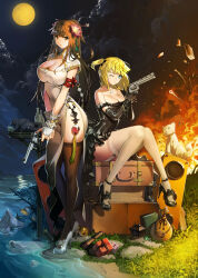 Rule 34 | 2girls, beach, blonde hair, breasts, cat, china dress, chinese clothes, dress, explosion, frilled dress, frills, hair ornament, high heels, highres, holding, holding weapon, large breasts, long hair, looking at viewer, moon, multiple girls, nike (nike1060), non-web source, ocean, panties, pelvic curtain, red hair, underwear, vegetation, weapon