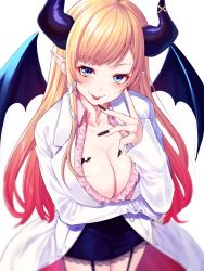 Rule 34 | 1girl, blonde hair, blue eyes, breasts, collarbone, commentary request, demon horns, demon wings, fingernails, highres, hololive, horns, lab coat, large breasts, long hair, looking at viewer, mikan (chipstar182), nail polish, pointy ears, simple background, solo, tongue, tongue out, virtual youtuber, white background, wings, yuzuki choco, yuzuki choco (1st costume)