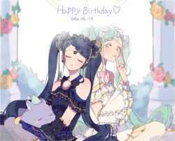 Rule 34 | 2girls, baku (creature), bare shoulders, black dress, blue hair, braid, braided bangs, closed eyes, closed mouth, column, creature, dated, detached sleeves, dress, falala a larm, finger to mouth, flower, frilled sleeves, frills, garara s leep, green hair, happy birthday, head chain, headphones, holding, holding creature, idol clothes, idol time pripara, jewelry, leaning on person, long hair, looking at viewer, multiple girls, pakku (pripara), pillar, pink flower, pink rose, pretty series, pripara, res2shuu, rose, shushing, siblings, sisters, sitting, sleeping, sleeping on person, sleeping upright, smile, twins, twintails, very long hair, white dress, wide sleeves, yellow eyes, yellow flower, yellow rose