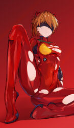 Rule 34 | 1girl, absurdres, ass, blindfold, blue eyes, bodysuit, breasts, brown hair, cameltoe, curvy, evangelion: 3.0+1.0 thrice upon a time, expressionless, full body, hair ornament, hermityy, highres, interface headset, legs apart, long hair, medium breasts, medium hair, neon genesis evangelion, plugsuit, rebuild of evangelion, red bodysuit, shiny clothes, shiny skin, simple background, solo, souryuu asuka langley, torn clothes