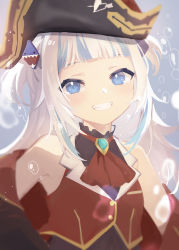 Rule 34 | 1girl, air bubble, ascot, bare shoulders, black coat, black hat, blue eyes, blunt bangs, breasts, brooch, bubble, coat, commentary request, cosplay, eyebrows hidden by hair, gawr gura, gold trim, grin, hair ornament, hat, highres, hololive, hololive english, houshou marine, houshou marine (1st costume), houshou marine (cosplay), jewelry, long hair, looking at viewer, multicolored hair, off-shoulder jacket, off shoulder, pirate hat, red ascot, ruru (lamourouge), shark hair ornament, silver hair, small breasts, smile, solo, streaked hair, two side up, underwater, upper body, virtual youtuber