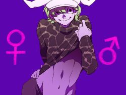 Rule 34 | 1boy, akizuki hakuto, blonde hair, dellinger (one piece), hat, looking at viewer, male focus, one piece, purple background, simple background, solo, trap, undressing
