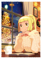 Rule 34 | 1girl, alternate costume, blonde hair, book, border, christmas, christmas tree, closed mouth, commentary, creatures (company), cup, curtains, eyelashes, game freak, green eyes, hands up, high ponytail, highres, indoors, ishikawa hideki, lillie (pokemon), long sleeves, mug, night, nintendo, own hands together, pokemon, pokemon sm, sky, smile, solo, star (sky), steam, sweater, table, white border, window, wooden wall, wreath, yellow sweater