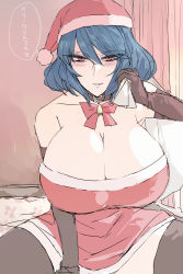 Rule 34 | 1girl, bad id, bad pixiv id, bell, neck bell, blue hair, blush, breasts, bura, christmas, cleavage, collar, elbow gloves, fang, gloves, hat, highres, huge breasts, open mouth, red eyes, sack, santa costume, santa hat, short hair, solo, text focus, thighhighs, touhou, translated, yasaka kanako