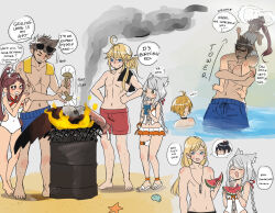 Rule 34 | + +, abs, absurdres, ahoge, animal ears, beach, bikini, blue eyes, blue male swimwear, blue swim trunks, braid, brown eyes, brown hair, cat ears, chest jewel, crab, crys (xenoblade), dadeltan, day, drooling, drum (container), family, father and daughter, father and son, fire, grey hair, hair bun, hand fan, highres, leg hair, legband, long hair, low-tied long hair, male swimwear, mio (xenoblade), nikol (xenoblade), noah (xenoblade), ocean, outdoors, paper fan, ponytail, red hair, red male swimwear, red swim trunks, sand, sandals, shaded face, sitting on shoulder, smoke, spoken character, swim trunks, swimsuit, towel, towel around neck, uchiwa, xenoblade chronicles (series), xenoblade chronicles 3, xenoblade chronicles 3: future redeemed, yellow eyes