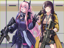 Rule 34 | 2girls, 3 small spiders, assault rifle, black gloves, black jacket, black legwear, black scarf, black skirt, blush, breasts, brown hair, brown vest, carbine, closed mouth, colt 9mm smg, feet out of frame, fingerless gloves, girls&#039; frontline, gloves, gun, hair ornament, hairclip, hand up, headphones, heterochromia, highres, holding, holding gun, holding weapon, jacket, long hair, looking at viewer, m4 carbine, m4 sopmod ii, m4 sopmod ii (girls&#039; frontline), multicolored hair, multiple girls, open clothes, open jacket, open mouth, pantyhose, pink eyes, pink hair, red eyes, rifle, ro635 (girls&#039; frontline), scarf, shirt, simple background, skirt, smile, standing, submachine gun, vest, weapon, white shirt, yellow eyes, yellow jacket