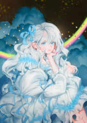 Rule 34 | 1girl, blue eyes, blue ribbon, blue theme, bow, clenched hand, closed mouth, cloud, cloud background, curly hair, dark background, dark clouds, darkness, dress, dress bow, eyelashes, feet out of frame, frilled dress, frills, hair between eyes, hair ribbon, half-closed eyes, hand on own chin, hand on own knee, happy, head rest, highres, legs together, light smile, lips, long hair, long sleeves, looking at viewer, original, pale skin, puffy dress, puffy long sleeves, puffy sleeves, rainbow, ribbon, sitting, solo, sottan (wowo0owow), star (symbol), tareme, very long hair, white dress, white hair, white theme