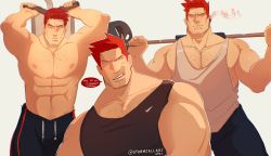 Rule 34 | 1boy, absurdres, bara, bare shoulders, beard, black tank top, blue eyes, blush, boku no hero academia, bulge, chest hair, collage, endeavor (boku no hero academia), exercising, facial hair, green tank top, highres, large pectorals, looking at viewer, male focus, mature male, muscular, muscular male, navel, navel hair, nike (company), nipples, pectoral cleavage, pectorals, red hair, scar, scar across eye, scar on face, short hair, sideburns, sidepec, spiked hair, stormcallart, stubble, sweat, tank top, topless male, weightlifting