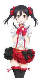 Rule 34 | 10s, 1girl, black hair, black socks, blush, bokura wa ima no naka de, bow, bowtie, choker, clothing cutout, earrings, fingerless gloves, gloves, hair bow, heart cutout, jewelry, kneehighs, long hair, looking at viewer, love live!, love live! school idol project, parted lips, pink bow, red bow, red eyes, red gloves, shirt, short sleeves, skirt, socks, solo, standing, suspender skirt, suspenders, transparent background, twintails, white shirt, yazawa nico