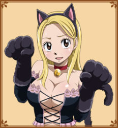 Rule 34 | 1girl, animal ears, blonde hair, breasts, brown eyes, cat, cat ears, cleavage, collar, cosplay, fairy tail, large breasts, lowres, lucy heartfilia, simple background, solo