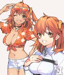 Rule 34 | 1girl, :d, ahoge, azuki neko, breasts, chaldea uniform, cleavage, command spell, commentary request, eyewear on head, fate/grand order, fate (series), fujimaru ritsuka (female), fujimaru ritsuka (female) (tropical summer), hair ornament, hair scrunchie, hawaiian shirt, jewelry, large breasts, looking at viewer, multiple views, navel, necklace, one eye closed, open mouth, orange eyes, orange hair, orange shirt, scrunchie, shirt, shorts, side ponytail, smile, sunglasses, tan, tanline, tied shirt, white shorts, yellow scrunchie