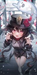 Rule 34 | 1girl, :3, :d, aran (aran0127), black coat, black hat, black nails, black shorts, blush, boo tao (genshin impact), brown hair, chinese clothes, claw pose, coat, coattails, fang, flower, flower-shaped pupils, genshin impact, ghost, hair between eyes, hands up, hat, hat flower, highres, hu tao (genshin impact), jewelry, long hair, long sleeves, looking at viewer, multiple rings, open mouth, outdoors, plum blossoms, porkpie hat, red eyes, red shirt, ring, shirt, short shorts, shorts, skin fang, smile, snow, socks, solo, standing, standing on one leg, symbol-shaped pupils, thumb ring, twintails, white socks, wide sleeves