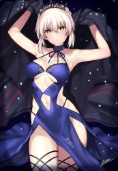 Rule 34 | 1girl, ahoge, armpits, arms up, artoria pendragon (all), artoria pendragon (alter swimsuit rider) (third ascension) (fate), artoria pendragon (fate), black gloves, blonde hair, blue dress, breasts, choker, clothing cutout, commentary request, dress, fate/grand order, fate (series), gloves, looking at viewer, mataro (matarou), medium breasts, navel, navel cutout, saber (fate), solo, tiara, yellow eyes