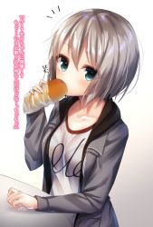 Rule 34 | 1girl, aoba moca, bad id, bad pixiv id, bang dream!, blue eyes, blush, bread, breasts, clothes writing, collarbone, commentary request, drawstring, food, gradient background, grey background, grey jacket, hair between eyes, highres, holding, holding food, hood, hood down, hooded jacket, jacket, long sleeves, looking at viewer, medium breasts, open clothes, open jacket, ramchi, shirt, signature, silver hair, solo, translation request, white background, white shirt